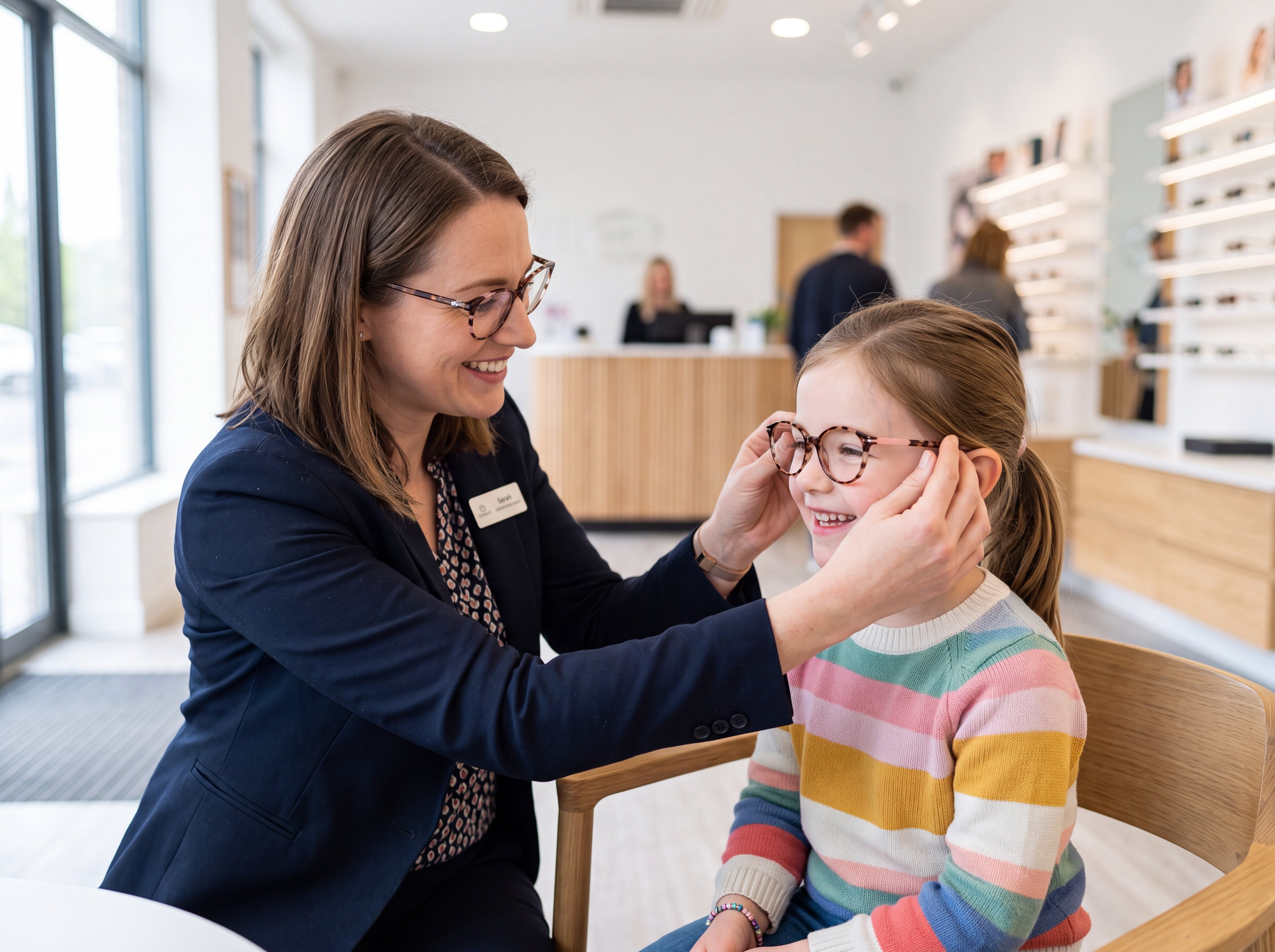 Friendly optician carefully fitting glasses on a young child at Family Eyecare